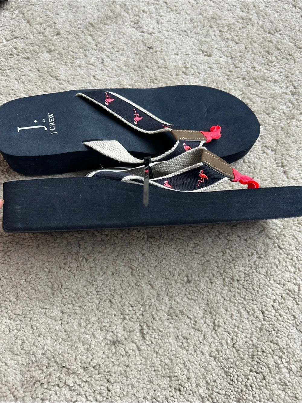 J. Crew Navy Platform Flip Flops with Coral Flamingo Embroidery